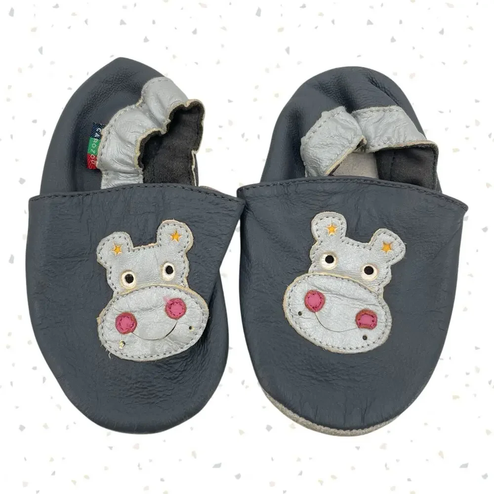 Hippo Baby Shoes Gray Leather Soft Sole Crib Shoe Toddler House Slippers 18-24m